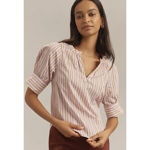 Maeve Anthropologie Striped Puff Sleeve Blouse Women's XL Career Retro Preppy